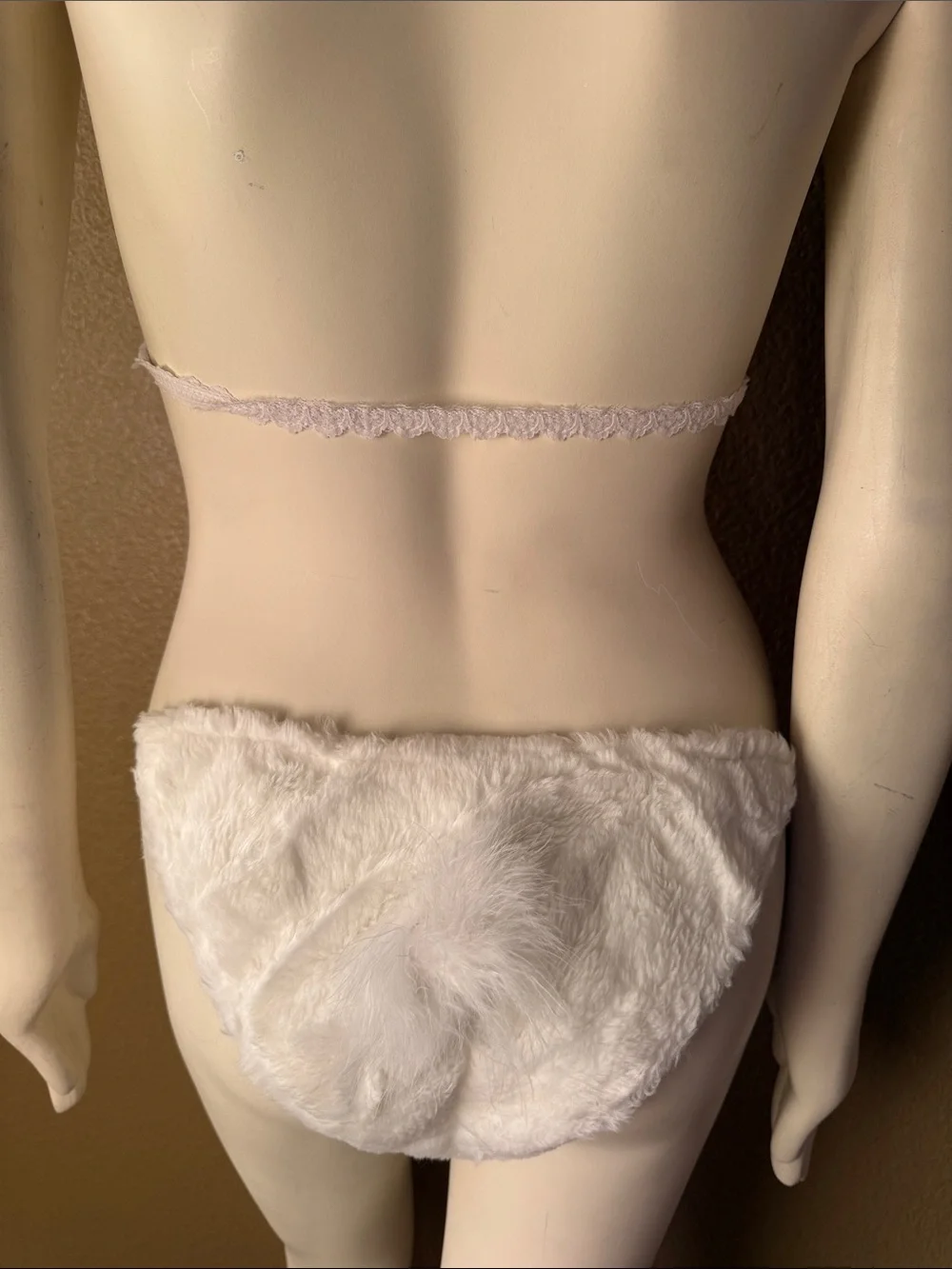 1990s Vintage White Faux Fur Bra & Panty Set with Pink Bows & bunny tail